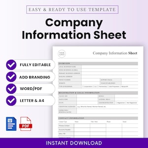 May include: A white Company Information Sheet template with a purple banner at the top and bottom. The sheet includes sections for company overview, registration, and contact information. The template is fully editable and available in Word/PDF formats.