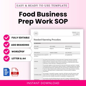 Pode incluir: Um modelo digital para um documento SOP de preparação de trabalho para empresas de alimentos. O documento inclui seções para visão geral, propósito, escopo, usuários pretendidos e frequência. Com ícones de check rosa, Word e PDF.