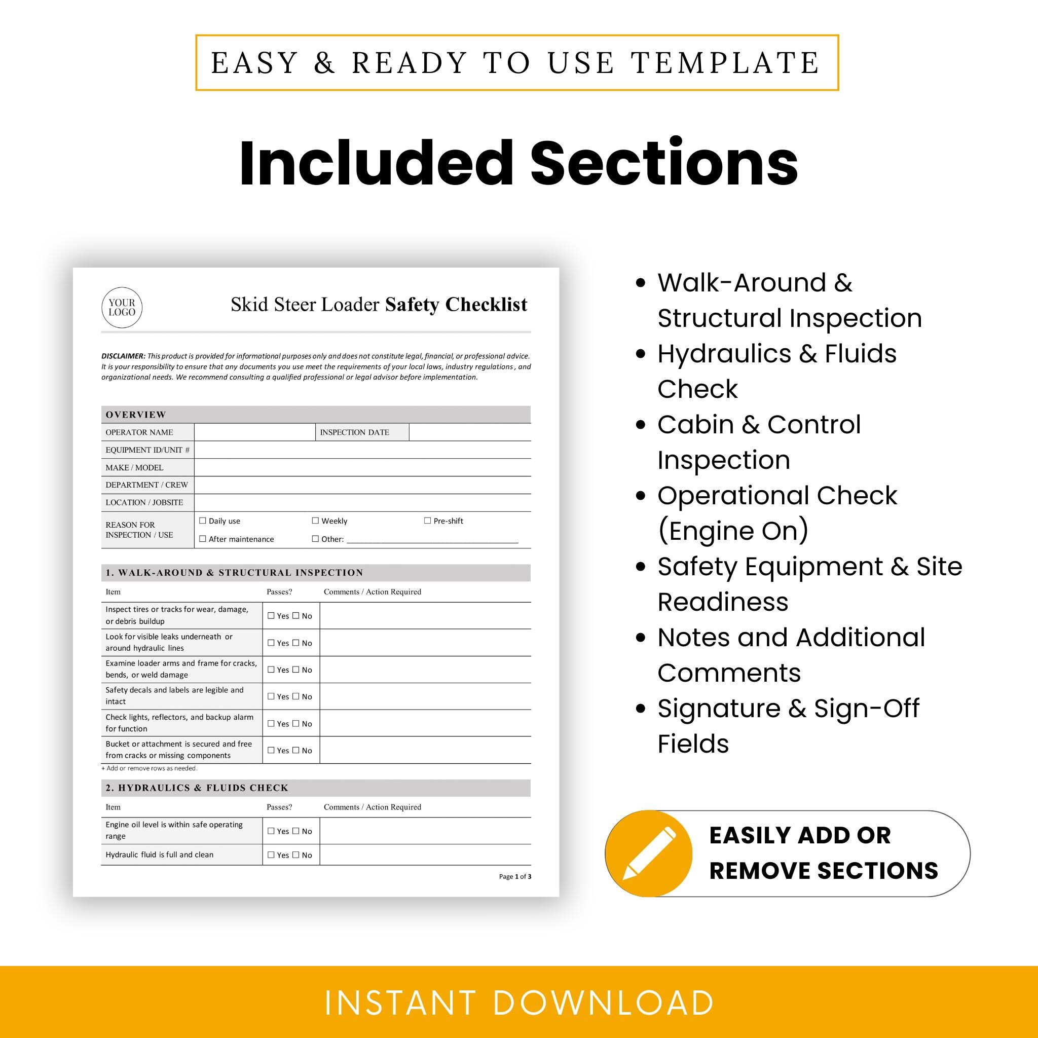 Loader Checklist Format Skid Steer Loader Safety Checklist Template – Word & PDF, A4 + US ...