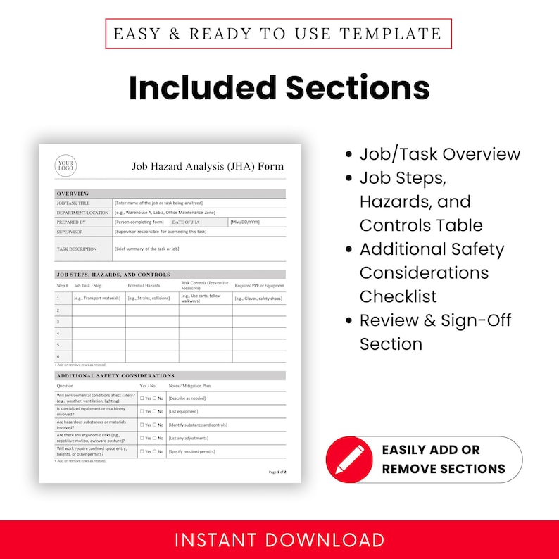 Jha Forms.pdf Job Hazard Analysis (JHA) Form Template – Word & PDF, A4 + US Letter - Etsy