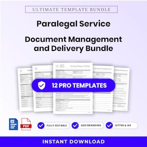 May include: A digital paralegal service document management and delivery bundle featuring 12 pro templates. The documents include a request checklist, transmittal form, and receipt log. The set is fully editable, supports branding, and is available in letter and A4 sizes.