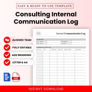 Pode incluir: Um modelo digital para um registo de comunicação interna de consultoria com uma tabela que inclui colunas para Data/Hora, De, Para/Departamento, Tipo de comm., Mensagem/Atualização e Ação necessária, além de secções de resumo.