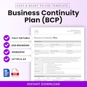 Può includere: Un modello di piano di continuità operativa con il titolo "Business Continuity Plan (BCP)". Il documento include sezioni per panoramica, scopo, ambito e obiettivi. Le funzionalità includono opzioni "Completamente modificabile", "Aggiungi branding" e "Word/PDF". Download immediato disponibile.