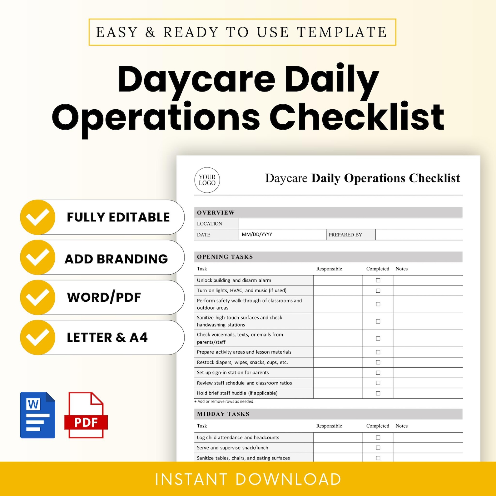 Daycare Daily Operations Checklist Template – Word & PDF, A4 + US ...
