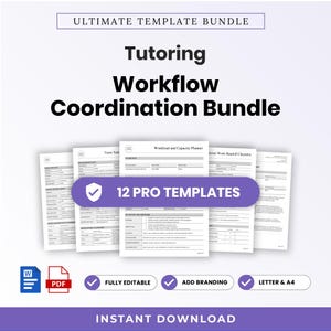 May include: A digital bundle featuring the text Ultimate Template Bundle, Tutoring Workflow Coordination Bundle, and 12 Pro Templates. The set includes multiple document pages with tables and text fields, plus icons for Word and PDF formats.