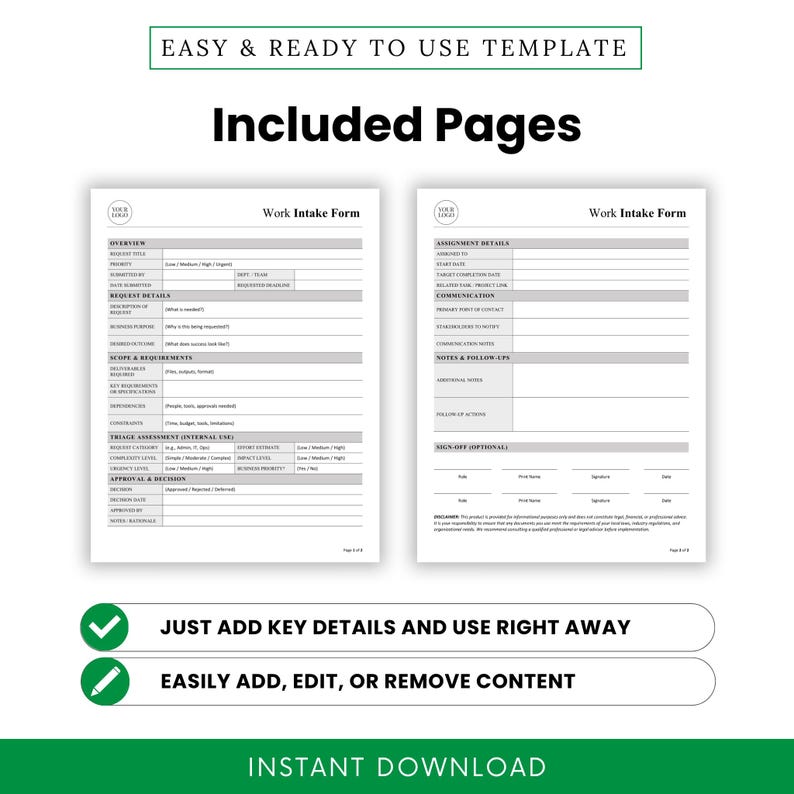 Simple Work Intake Form Template – Word & PDF, A4 + US Letter - Etsy