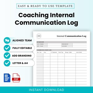 Pode incluir: Um modelo de registo de comunicação interna de coaching, documento branco com texto preto, incluindo secções para data, período, preparado por, departamento, equipa e localização. O registo contém colunas para data, hora, remetente, destinatário, tipo, mensagem e ação necessária.