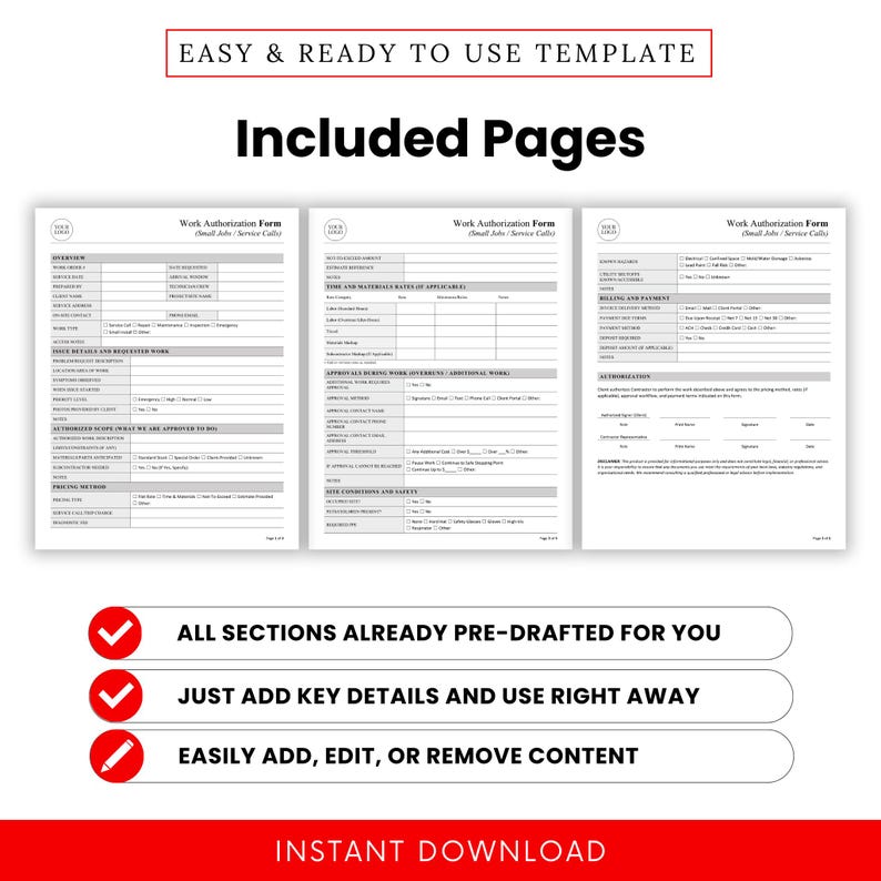 Work Authorization Form Template (small Jobs and Service Calls) – Word ...