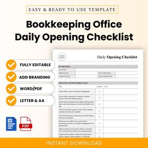 Bookkeeping Office Daily Opening Checklist Template – Word & PDF, A4 + US Letter