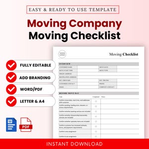 Pode incluir: Um modelo de lista de verificação de mudança branco com o título "Moving Company Moving Checklist" em vermelho. A lista inclui seções para informações do cliente e tarefas antes do dia da mudança. Modelo editável em Word/PDF.