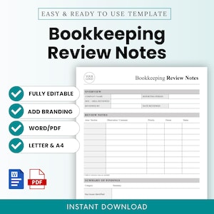 May include: A digital template for Bookkeeping Review Notes. The document includes sections for overview, review notes, and summary of findings. Features include fully editable format, branding options, and Word/PDF compatibility. Available in Letter & A4 sizes. Instant download.