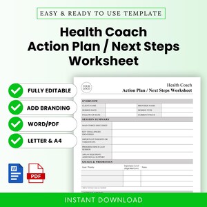 May include: A Health Coach Action Plan / Next Steps Worksheet template. The document is white with a gray grid and text fields. Features include fully editable, add branding, Word/PDF, and Letter & A4 options. The text "Instant Download" is at the bottom.