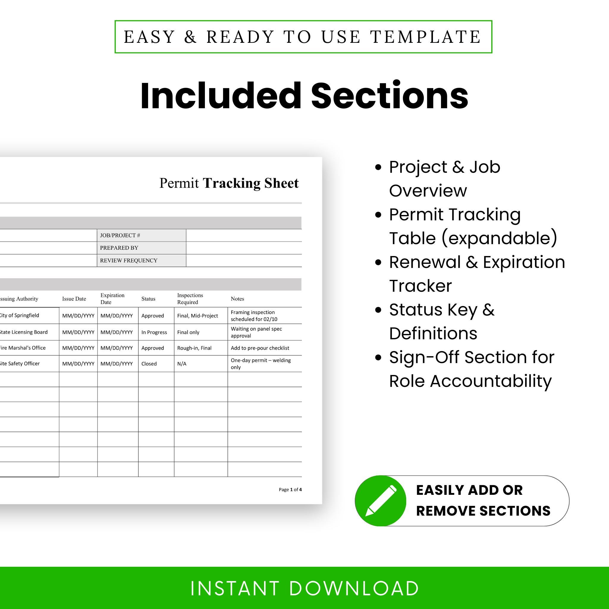 Construction Permit Tracking Sheet Template – Word & PDF, A4 + US ...