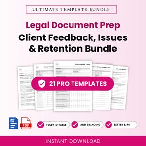 Legal Document Preparation Client Feedback, Issues, and Retention Templates Bundle – Word & PDF, A4 + US Letter
