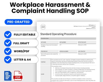 Può includere: Un modello di checklist blu e bianco per una procedura operativa standard (POS) di gestione delle molestie e dei reclami sul posto di lavoro. Il modello include sezioni per la panoramica, lo scopo, l'ambito, preparato da, numero di versione, ultimo aggiornamento, nome della POS, numero della POS e data di entrata in vigore.