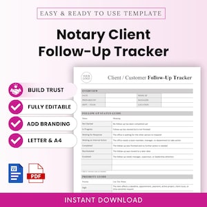 May include: A Notary Client Follow-Up Tracker template document featuring an overview section, a follow-up status guide, and a priority guide. The document includes placeholders for a logo, date, and manager details, available in Letter and A4 sizes.
