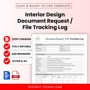 Interior Design Document Request, File Tracking Log Template – Word & PDF, A4 + US Letter