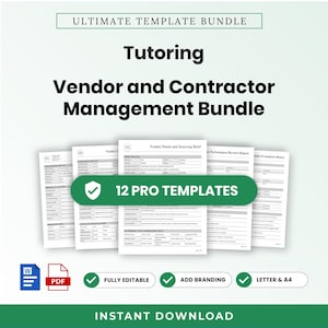 Op de afbeelding: Een digitaal documentenpakket getiteld Ultimate Template Bundle voor leveranciers- en contractbeheer voor bijles. Het bevat 12 professionele, volledig bewerkbare sjablonen met opties voor branding en aanpassing.