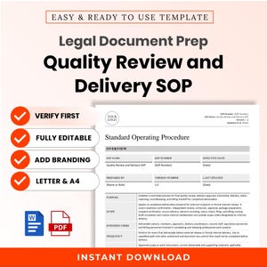 Puede incluir: Una plantilla digital para un procedimiento operativo estándar de revisión y entrega de documentos legales. El documento incluye secciones de resumen, propósito, alcance, usuarios y frecuencia, con iconos de formato Word y PDF.