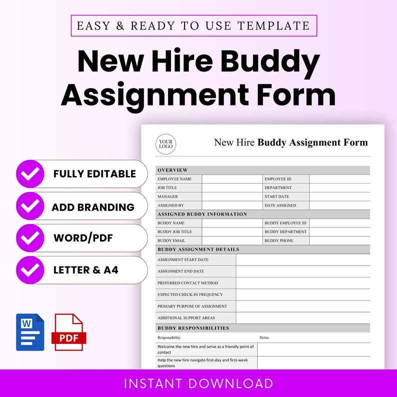 Buddy Rounding Forms New Hire Buddy Assignment Form Template – Word & PDF, A4 + US Letter - Etsy