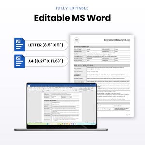 Editable Microsoft Word Document Receipt Log with Letter-size document previews and files supplied in both US Letter and A4 sizes for process server office workflows.