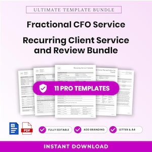 Puede incluir: Un paquete de plantillas digitales para servicios de CFO fraccional, que incluye documentos de servicio al cliente recurrente y revisiones. El conjunto contiene 11 plantillas profesionales, totalmente editables, con opciones de marca en tamaños carta y A4.