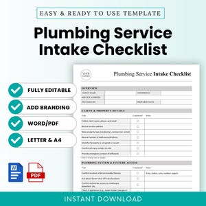 Könnte beinhalten: Eine Vorlage für eine Checkliste zur Aufnahme von Sanitärdienstleistungen mit dem Text "Easy & Ready to Use Template" oben. Die Checkliste enthält Abschnitte für Kundendaten, Immobiliendetails und den Zugang zum Sanitärsystem. Die Vorlage ist voll editierbar.
