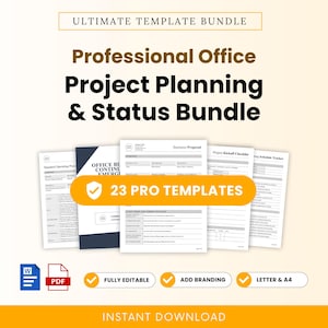 May include: A digital template bundle featuring the text Ultimate Template Bundle, Professional Office Project Planning & Status Bundle, and 23 Pro Templates. Includes document previews for business proposals, checklists, and trackers in Word and PDF formats.