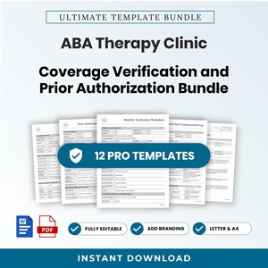 Op de afbeelding: Een digitaal pakket met 12 sjablonen voor ABA-therapieklinieken voor dekkingsverificatie en voorafgaande toestemming. De documenten bevatten witte pagina's met zwarte tekst en een blauwe banner met de tekst 12 PRO TEMPLATES.