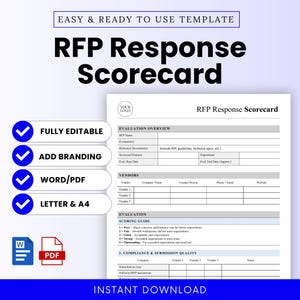May include: A white RFP Response Scorecard template with blue accents. The template includes sections for evaluation overview, vendors, and scoring guide. Text includes "EASY & READY TO USE TEMPLATE" and "INSTANT DOWNLOAD". Features include fully editable, add branding, word/PDF, and letter & A4.