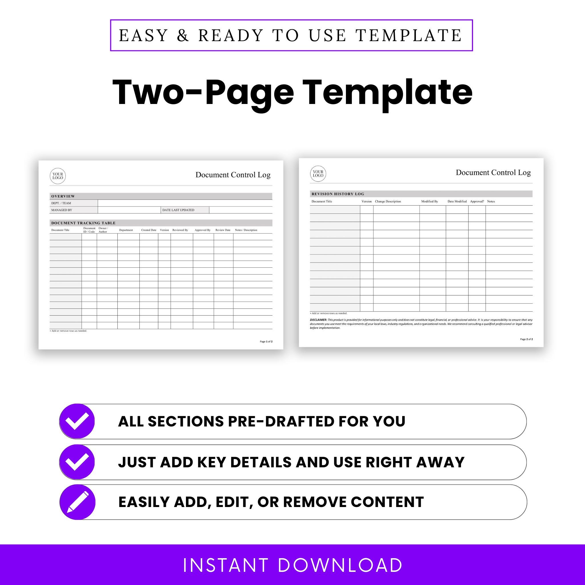 Simple Document Control Log Template - Word & PDF, A4 + US Letter - Etsy