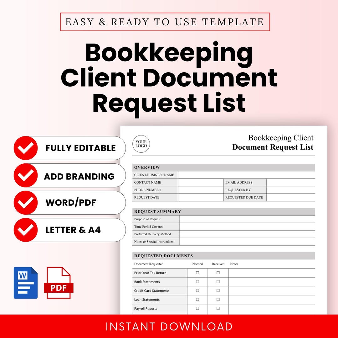 Bookkeeping Client Document Request List Template – Word & PDF, A4 + US ...
