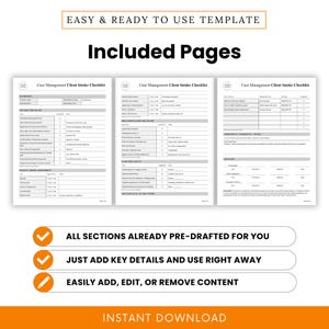 Side-by-side previews of all 3 checklist pages with orange checkmark icons and text highlighting that all sections are pre-drafted, ready to use, and editable.