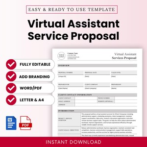May include: A virtual assistant service proposal template with the text "Virtual Assistant Service Proposal" in large, bold letters. The template includes sections for client information, project overview, and goals. The design is clean and professional, with red checkmarks and the words "Fully Editable," "Add Branding," "Word/PDF," and "Letter & A4."