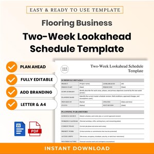 Puede incluir: Una plantilla digital para un cronograma de dos semanas para empresas de suelos. El documento incluye secciones para detalles del proyecto, resumen del alcance, parámetros de planificación y calendario de trabajo. Es editable en formato A4 y Letter.