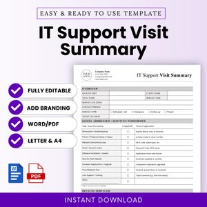 May include: A white IT Support Visit Summary template with purple accents. The document includes sections for overview, issues addressed, and devices serviced. Text includes "Fully Editable," "Add Branding," "Word/PDF," and "Letter & A4."