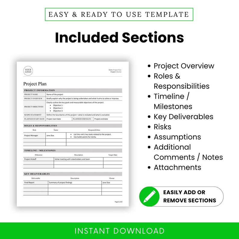 Simple Project Plan Template (word, PDF) | Project Management Template ...
