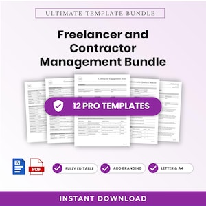 May include: A digital document bundle titled Ultimate Template Bundle, Freelancer and Contractor Management Bundle, featuring 12 pro templates. Includes Word and PDF icons, fully editable, add branding, and letter and A4 size options.