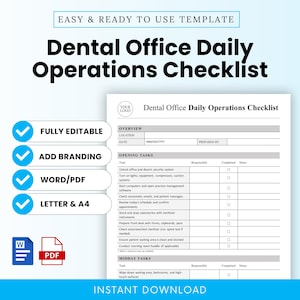 May include: A printable Dental Office Daily Operations Checklist template. The document includes sections for opening and midday tasks, with checkboxes for completion. The design includes the text "Easy & Ready to Use Template" and "Instant Download".