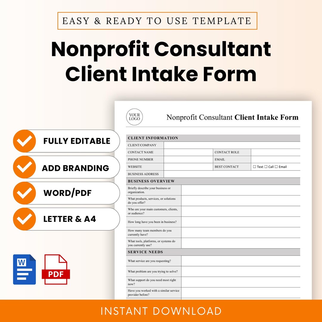 Nonprofit Consultant Client Intake Form Template – Word & PDF, A4 + US ...