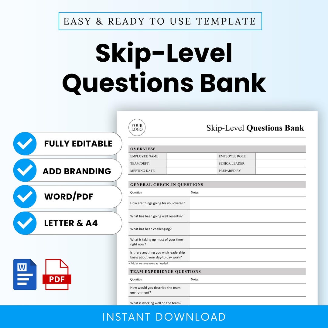 Skip-level Meeting Questions Bank Template – Word & PDF, A4 + US Letter ...