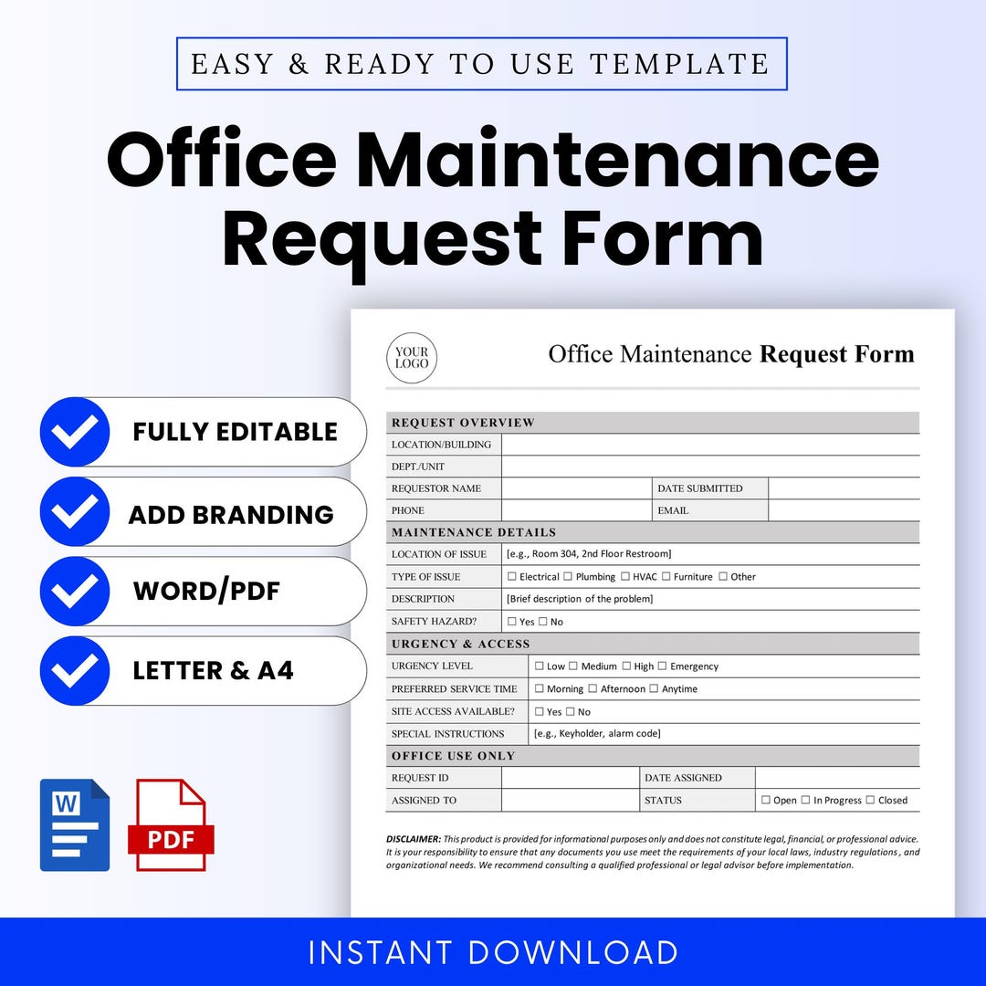Office Maintenance Request Form Template - Word & PDF, A4 + US Letter ...