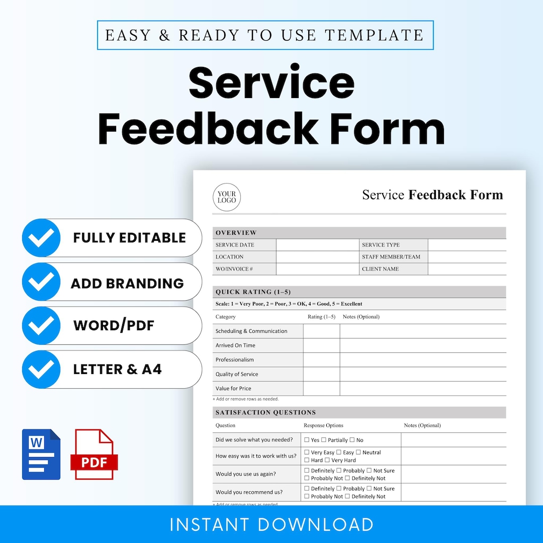 Service Feedback Form Template – Word & PDF, A4 + US Letter - Etsy
