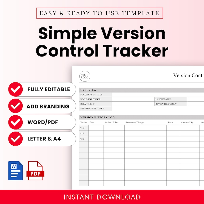 Simple Version Control Tracker Template - Word & PDF, A4 + US Letter - Etsy