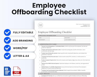 Employee Offboarding Checklist (MS Word, PDF) | Simple HR Template Office, Staff Exit Plan Form, Manager, Termination | Business Form Doc