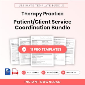 May include: A digital therapy practice patient and client service coordination bundle featuring 11 pro templates. The documents include intake checklists, follow-up trackers, and service request forms in Word and PDF formats, available for instant download.