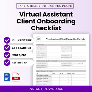 May include: A white and purple Virtual Assistant Client Onboarding Checklist template. The checklist includes sections for client company, contact information, onboarding status, and pre-onboarding tasks. Features include fully editable, add branding, Word/PDF, and Letter & A4.