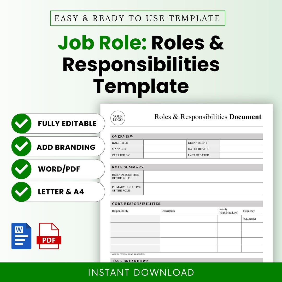 Job Role Document: Roles and Responsibilities Template – Word & PDF, A4 ...