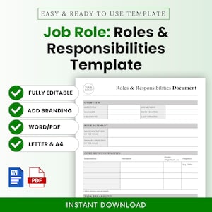 May include: A white document template titled "Job Role: Roles & Responsibilities Template" with green accents. Features include "Fully Editable," "Add Branding," "Word/PDF," and "Letter & A4." Includes sections for role title, department, and core responsibilities.