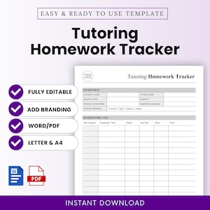 Op de afbeelding: Een afdrukbare tutoring huiswerk tracker sjabloon met de titel "Tutoring Homework Tracker". De sjabloon bevat secties voor studenteninformatie, huiswerklogs en is volledig bewerkbaar. Beschikbaar in Word/PDF-formaten.